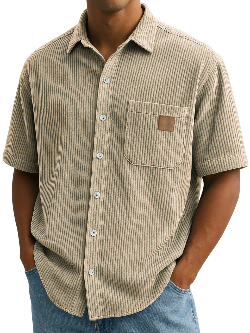 Men's Comfort Corduroy Embroidered Everyday Short Sleeve Shirt With Breast Pocket