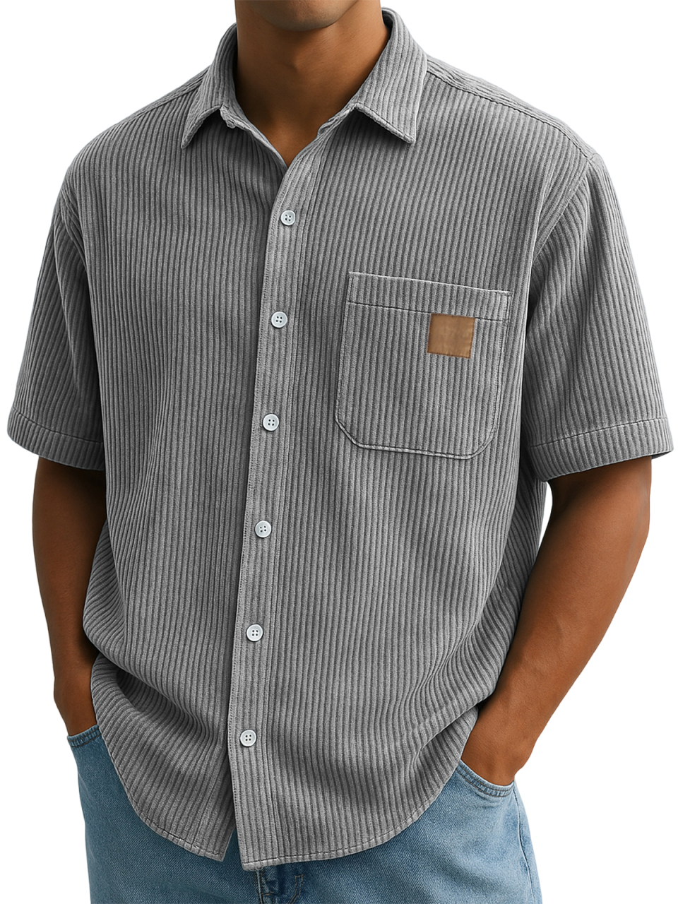 Men's Comfort Corduroy Embroidered Everyday Short Sleeve Shirt With Breast Pocket