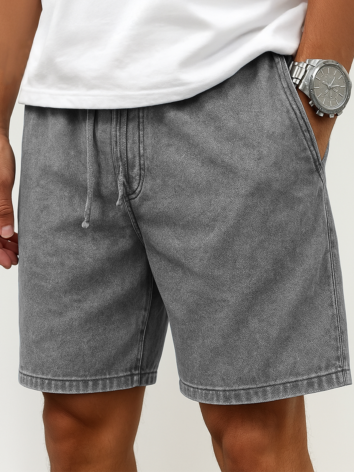 Men's Stylish Washed Lace-Up Casual Cropped Shorts with Side Pockets