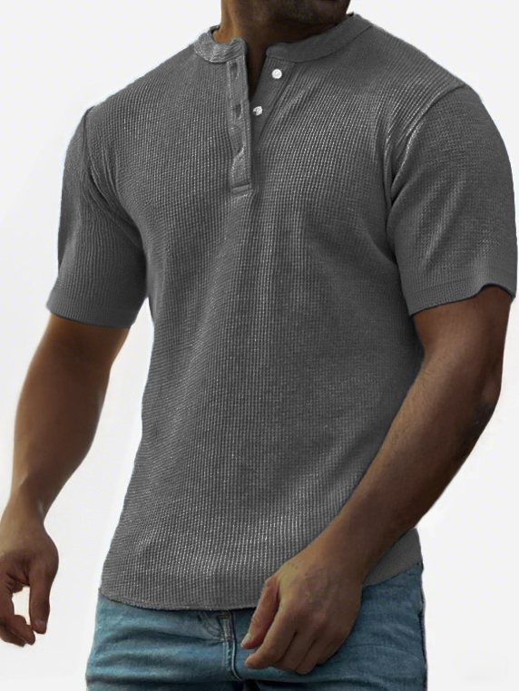 Men's Waffle Fashion Button-Down Henley Short Sleeve Top