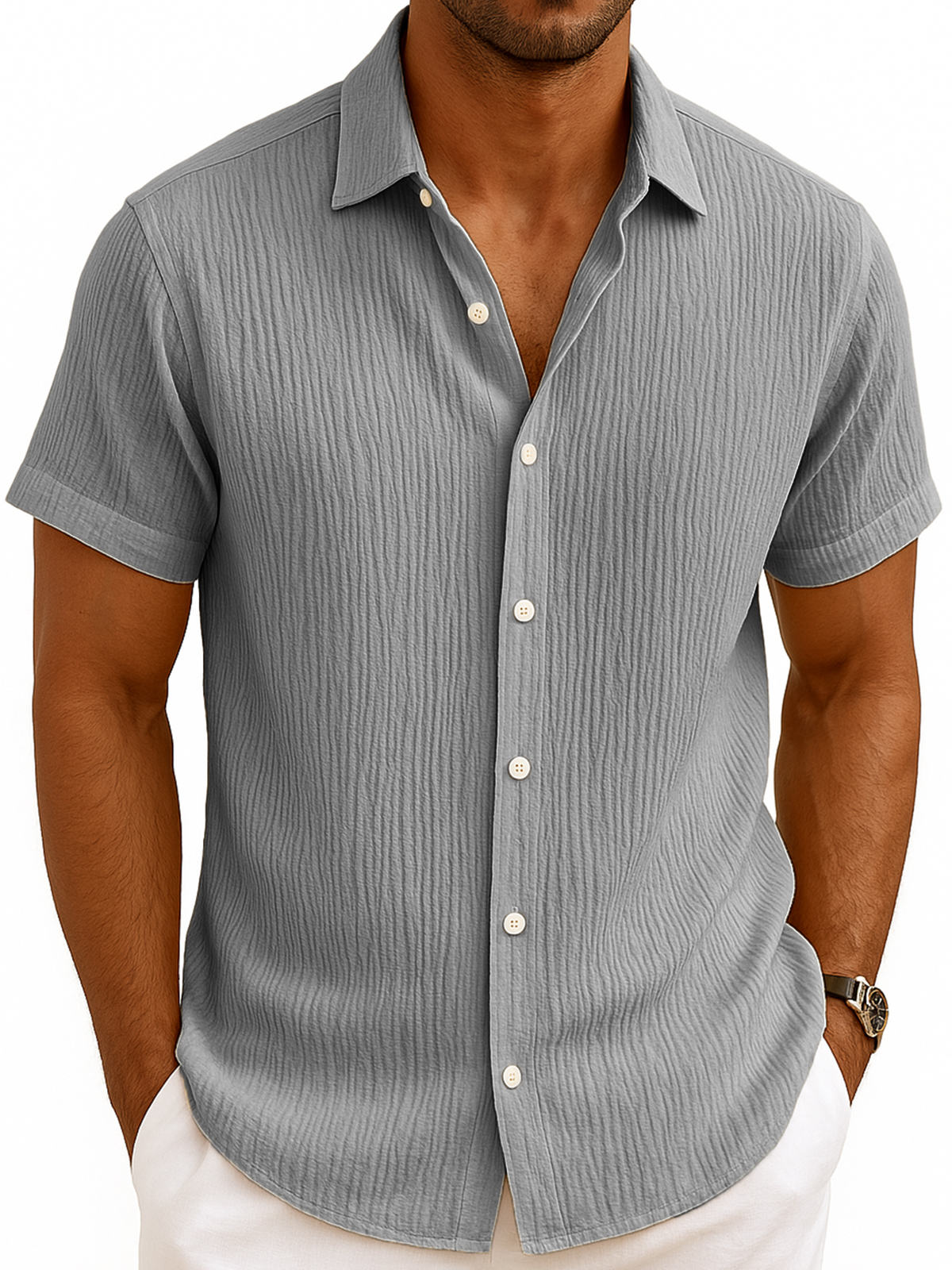 Men's Comfortable Pleated Casual Vacation Short Sleeve Shirt