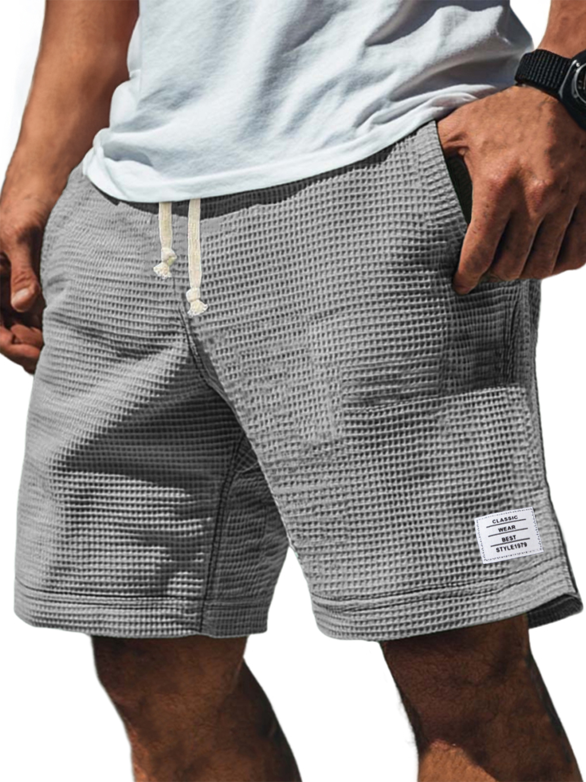 Men's Soft Waffle Simple Embroidered Logo Stylish Lace Up Everyday Casual Shorts