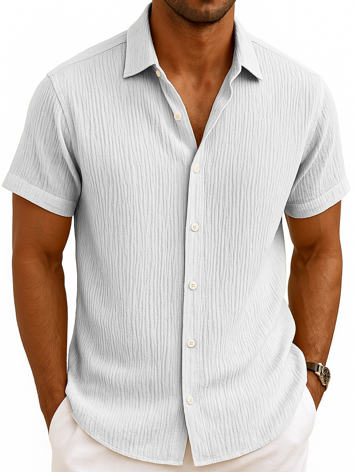 Men's Comfortable Pleated Casual Vacation Short Sleeve Shirt