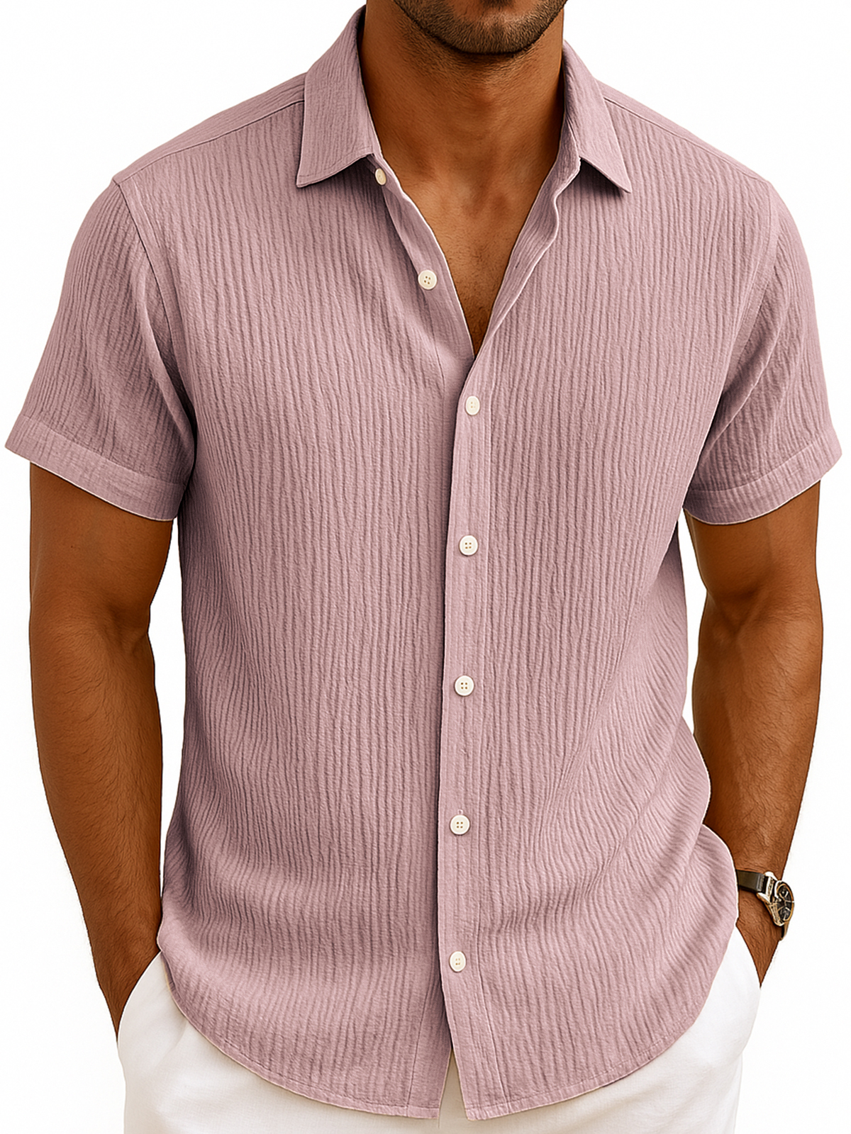 Men's Comfortable Pleated Casual Vacation Short Sleeve Shirt