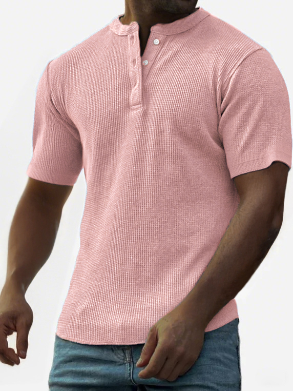 Men's Waffle Fashion Button-Down Henley Short Sleeve Top