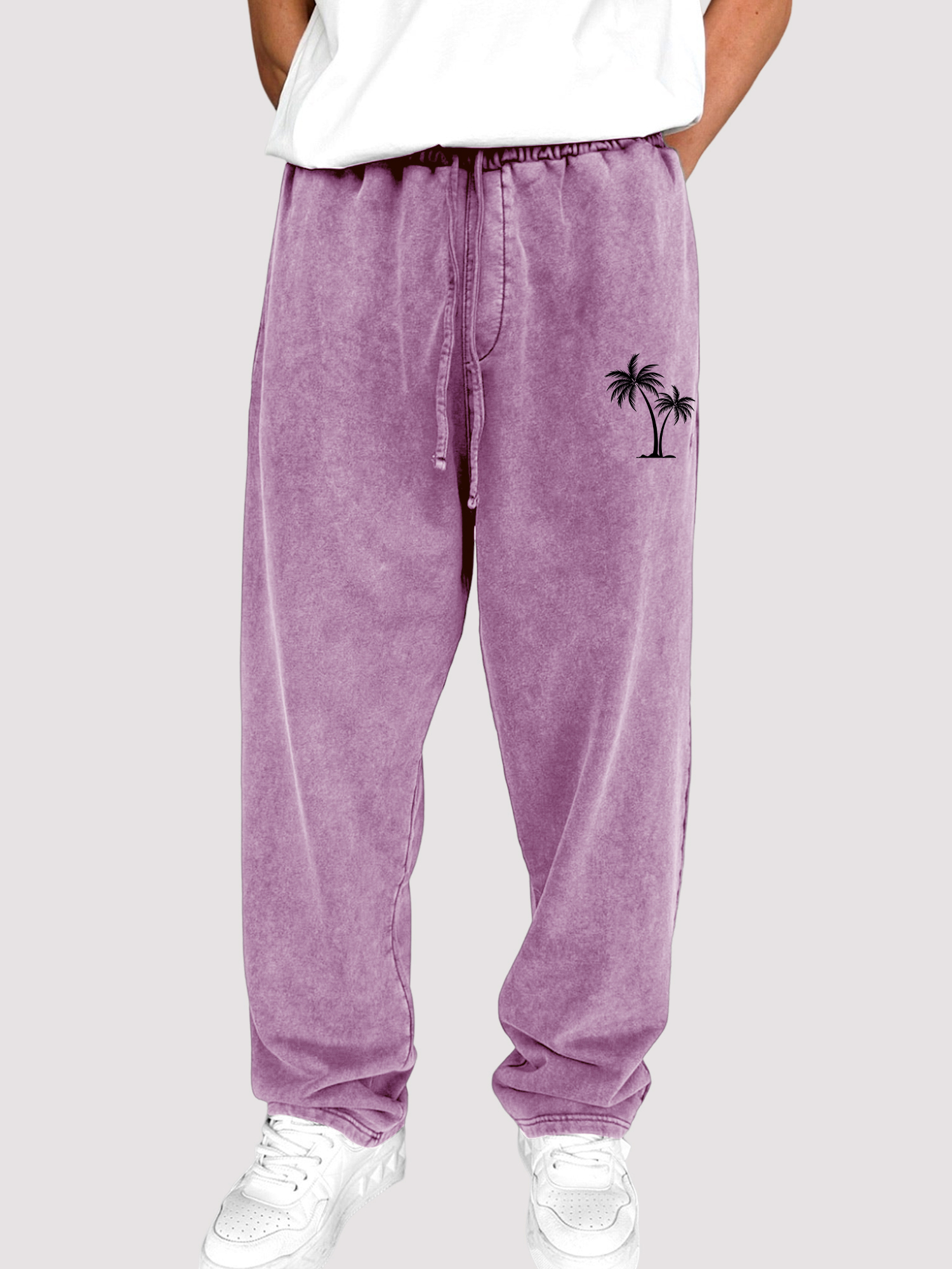 Men's Dyed Vintage Coconut Tree Printed Holiday Casual Elastic Waist Drawstring Trousers