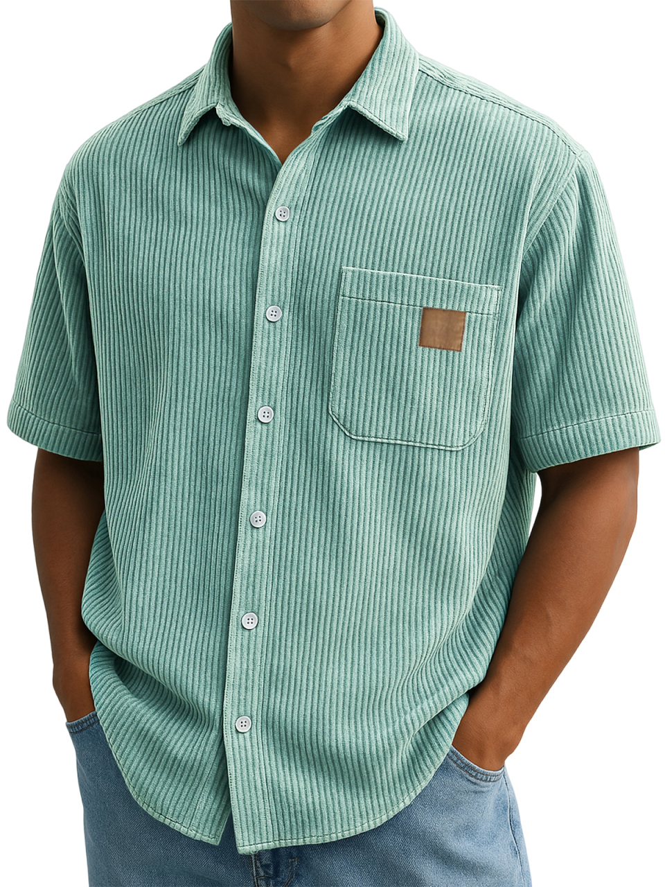 Men's Comfort Corduroy Embroidered Everyday Short Sleeve Shirt With Breast Pocket