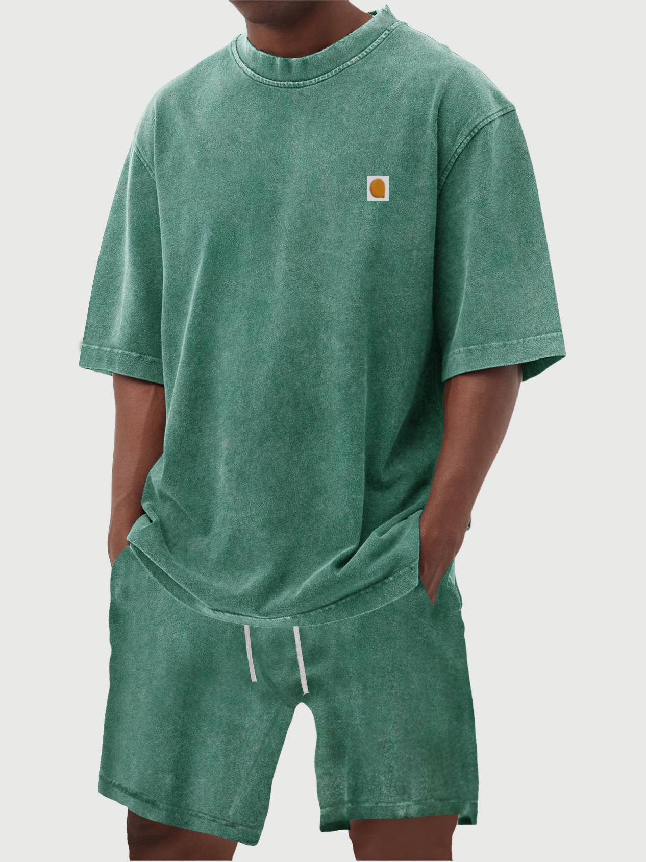 Men's 100% Cotton Vintage Distressed Washed Print Short Sleeved T-shirt Shorts Set