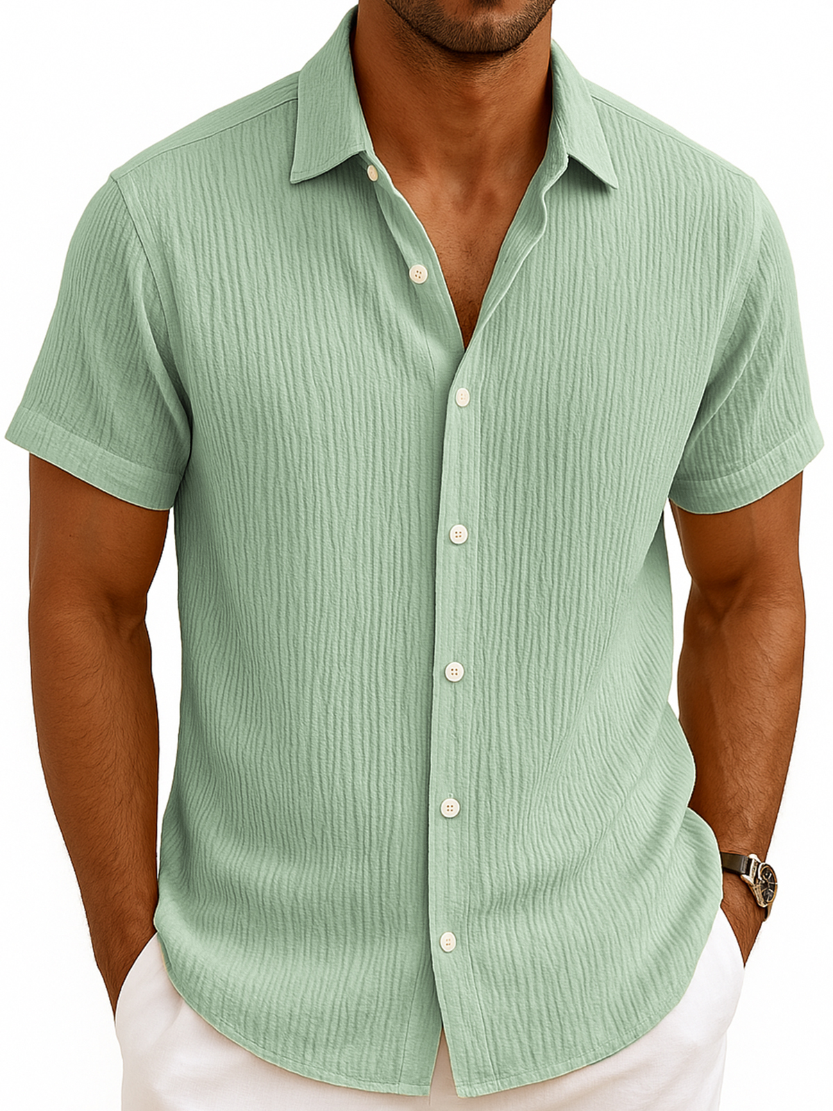 Men's Comfortable Pleated Casual Vacation Short Sleeve Shirt