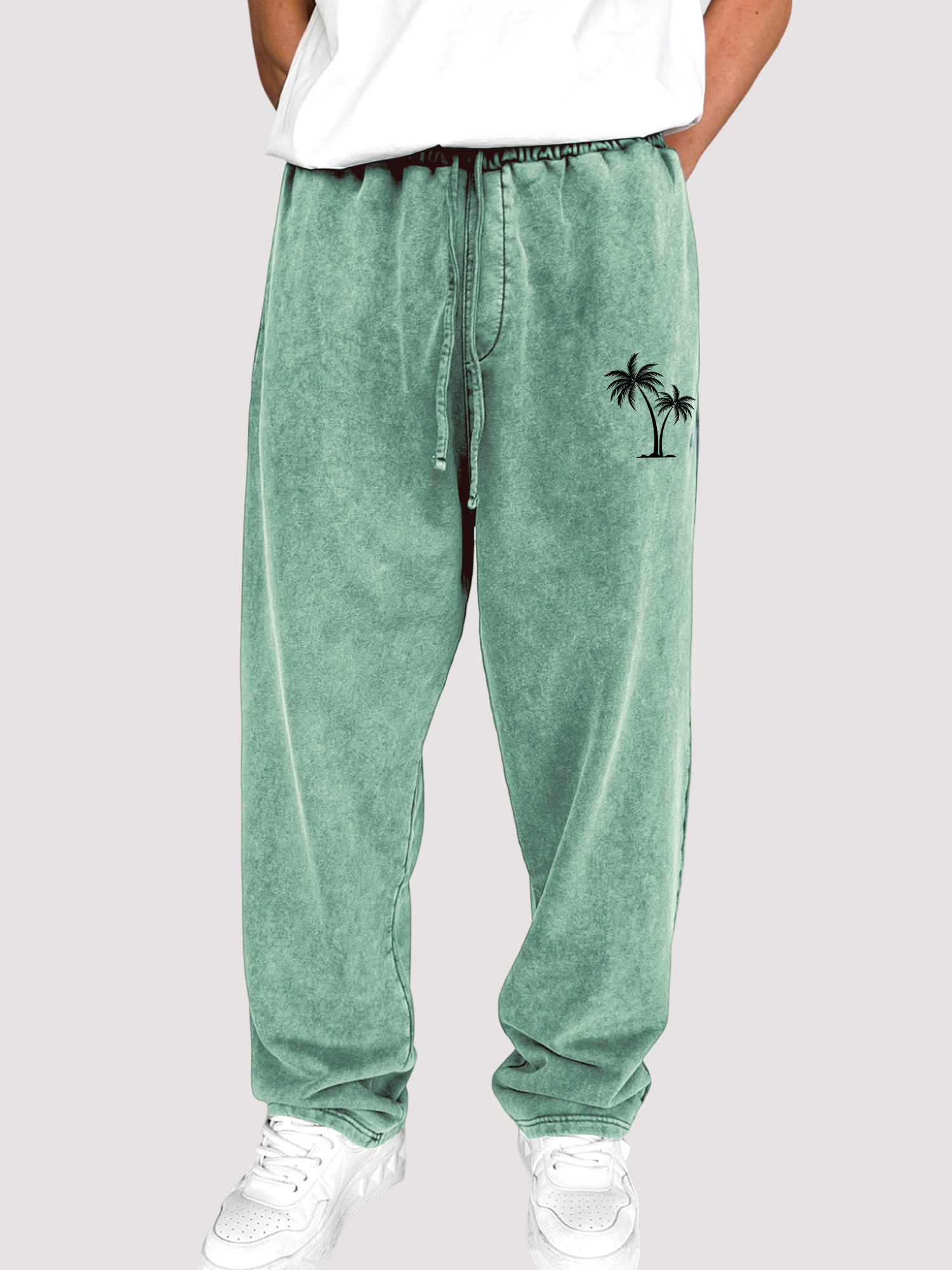 Men's Dyed Vintage Coconut Tree Printed Holiday Casual Elastic Waist Drawstring Trousers