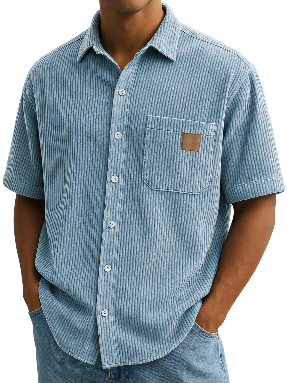 Men's Comfort Corduroy Embroidered Everyday Short Sleeve Shirt With Breast Pocket