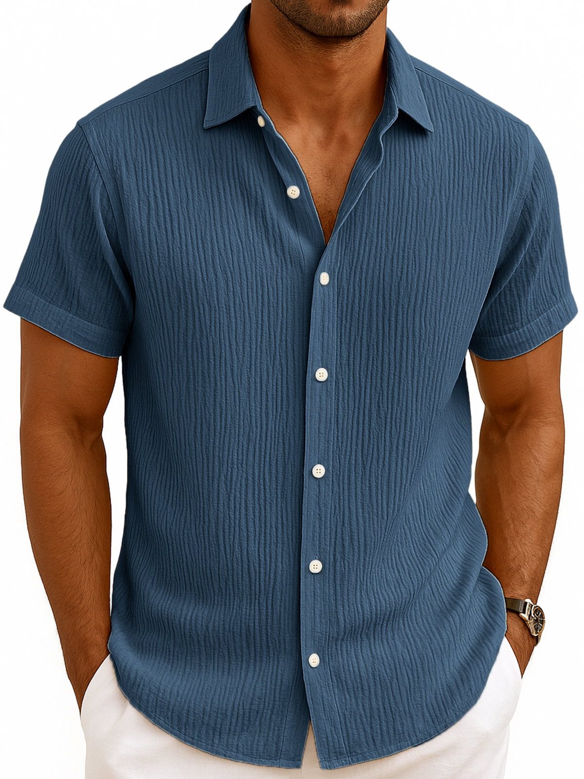 Men's Comfortable Pleated Casual Vacation Short Sleeve Shirt
