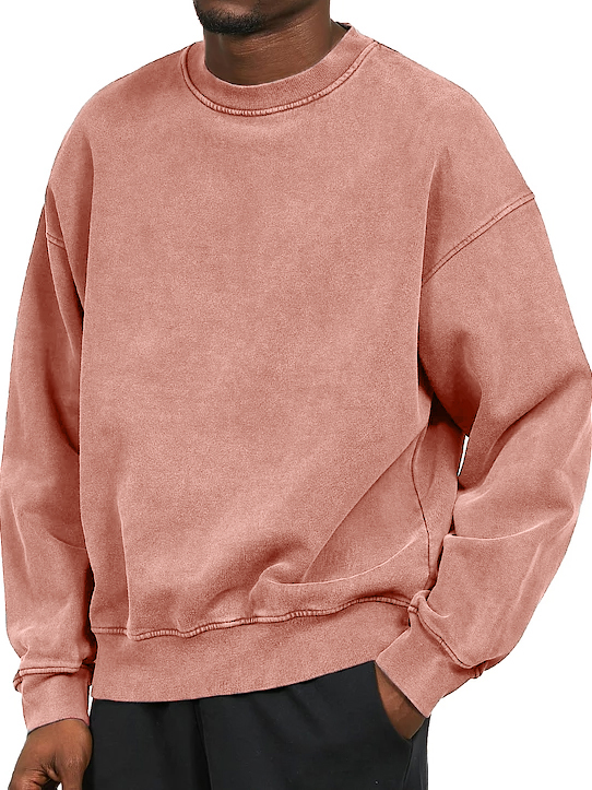 Men's Washed Distressed Cotton Basic Round Neck Long-sleeved Sweatshirt