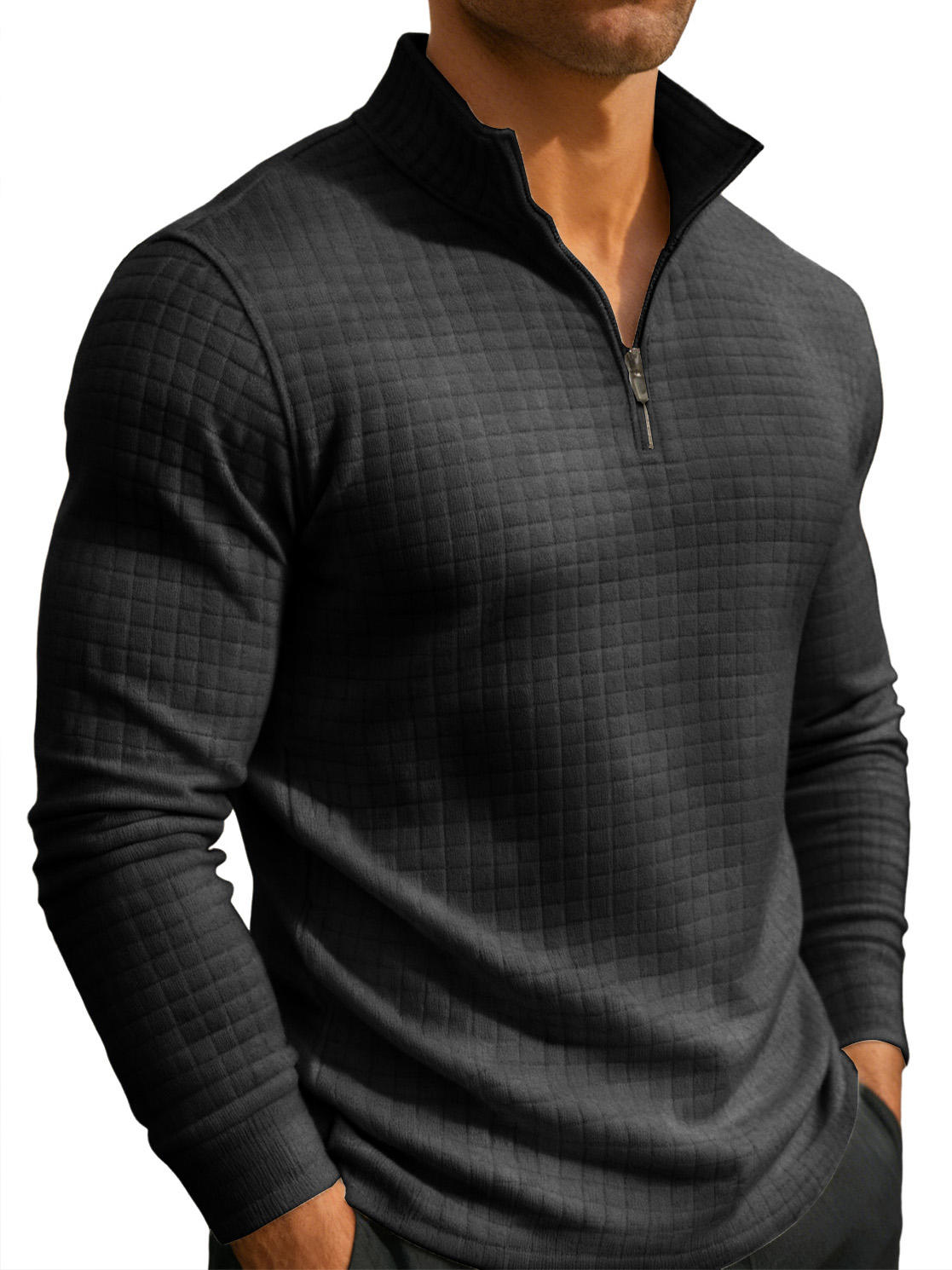 Men's Casual Fashion Waffle Knit Stand Collar Zips Sweatshirt