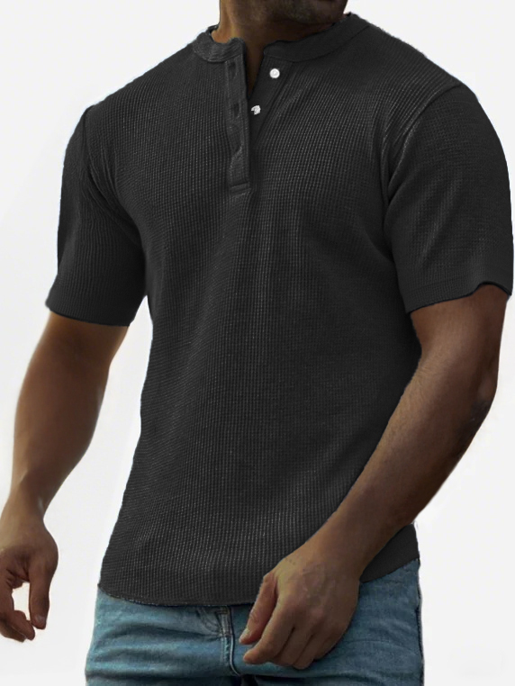 Men's Waffle Fashion Button-Down Henley Short Sleeve Top