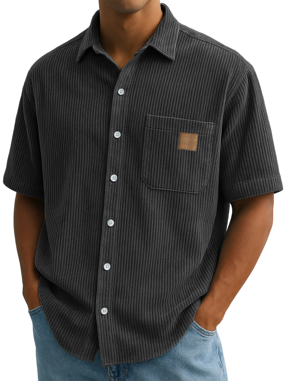 Men's Comfort Corduroy Embroidered Everyday Short Sleeve Shirt With Breast Pocket