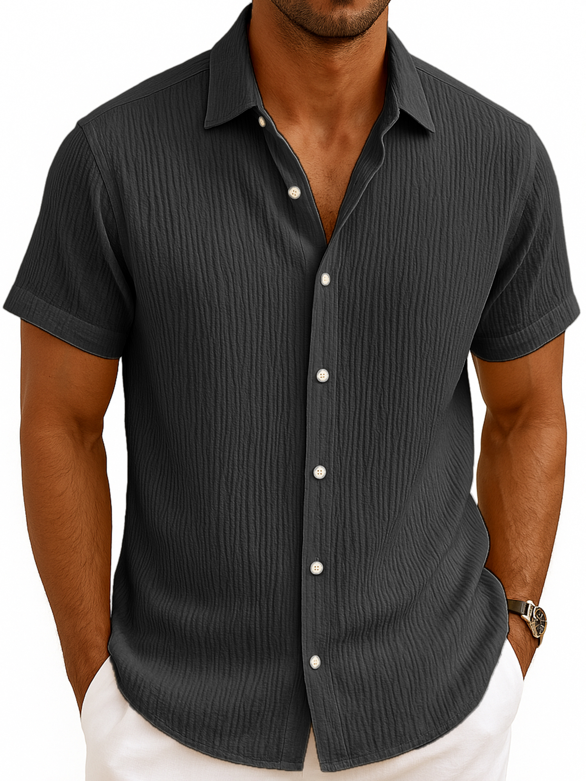 Men's Comfortable Pleated Casual Vacation Short Sleeve Shirt