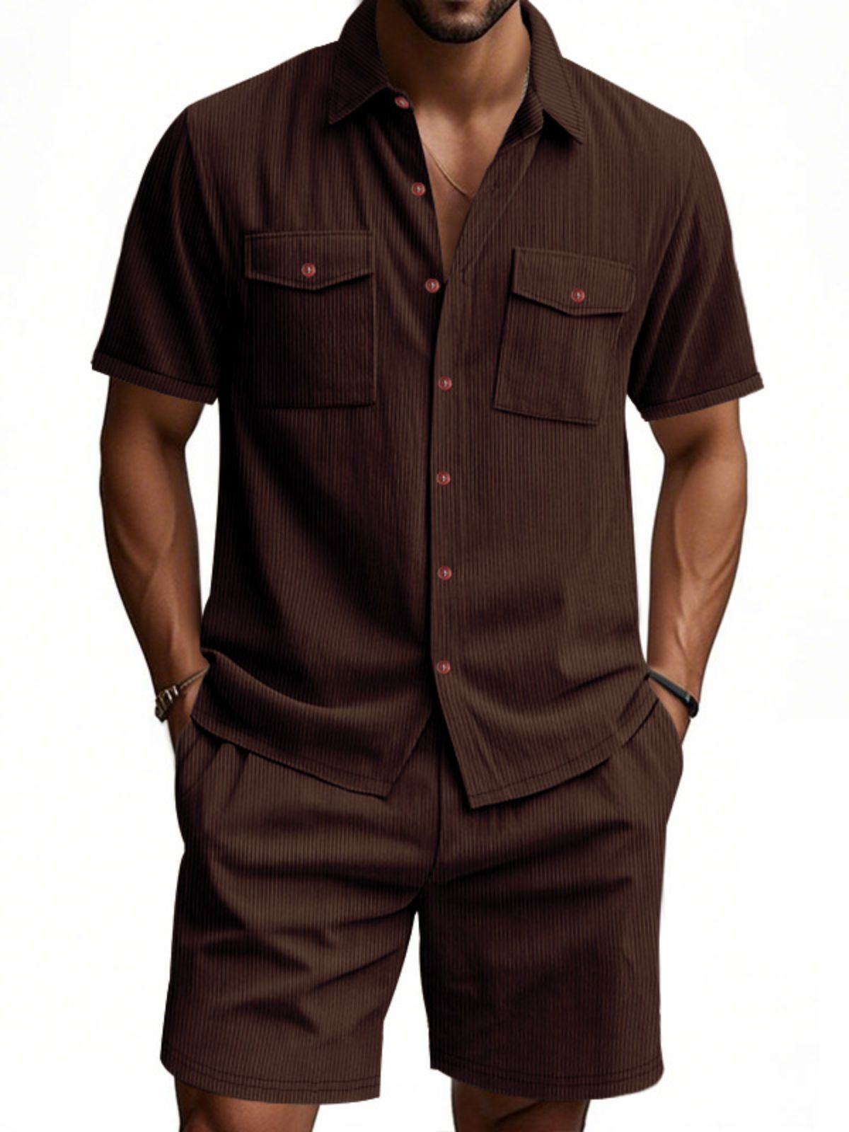 Men's Corduroy Double Pocket Texture Casual Short-sleeved Shirt Shorts Two-piece Suit