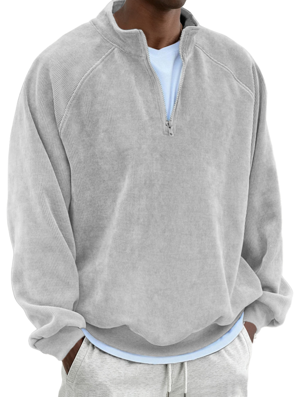 Men's Retro Fashion Corduroy Patchwork Raglan Sleeve Quarter Zip Sweatshirt