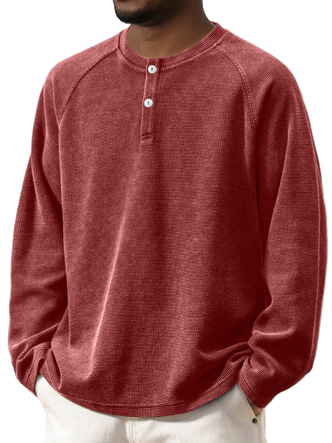 Men's Retro Fashion Washed Waffle Gown with Raglan Sleeves and Henley Style Long Sleeves