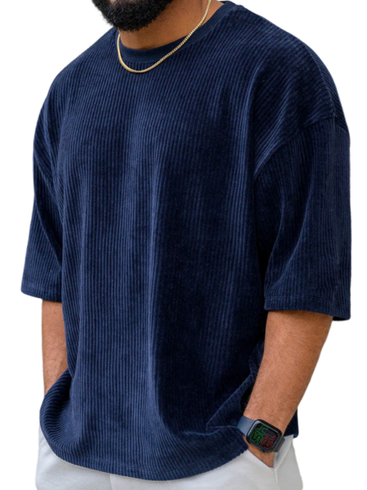 Men's Stylish Corduroy Casual Short-sleeve T-shirt with Thick Wales for Daily Wear