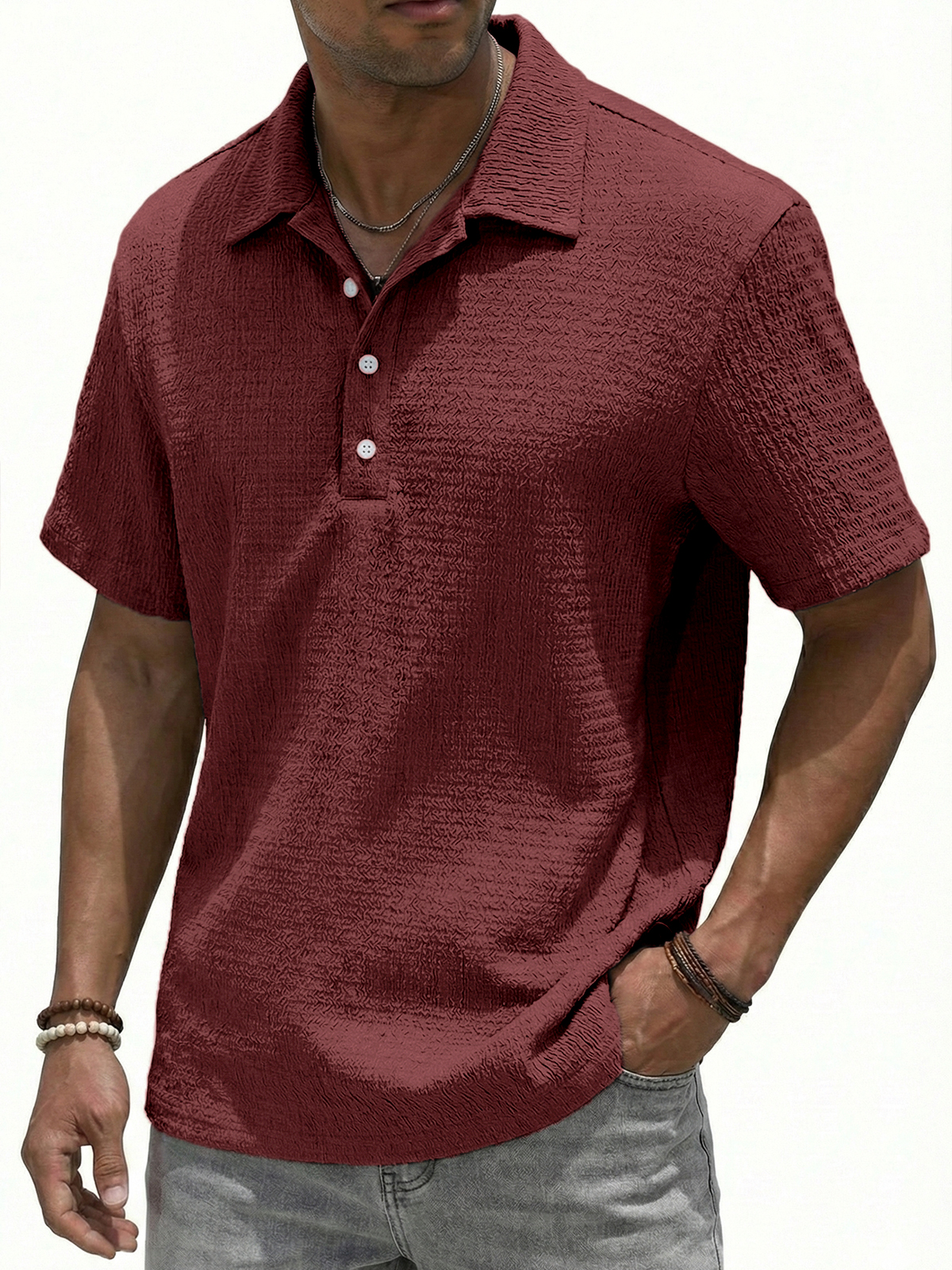 Jacquard Textured Button-down Polo Shirt