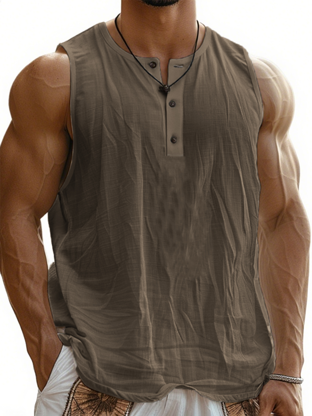 Men's Sleeveless Linen Bohemian Vest Henley T-Shirt
