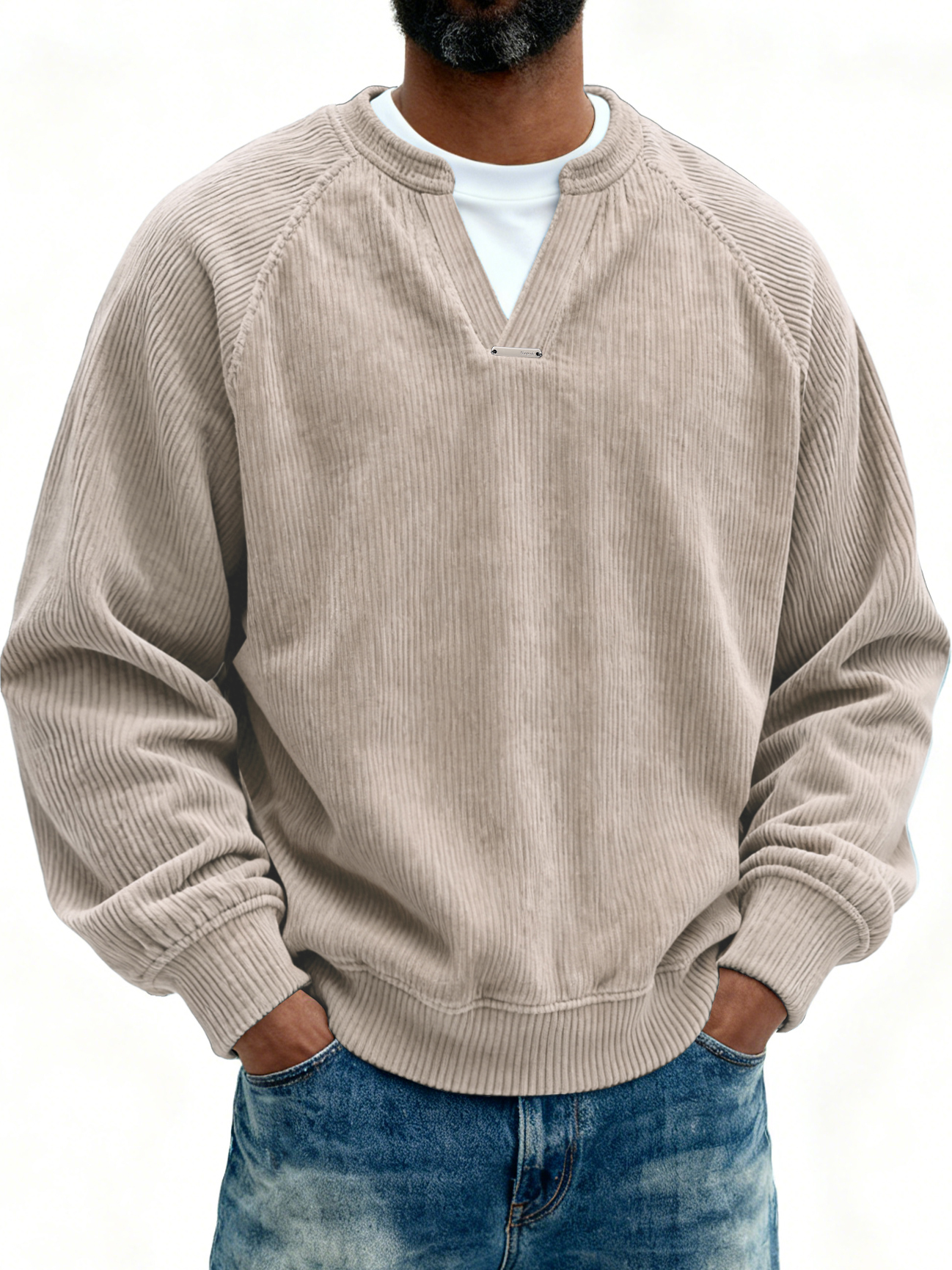 Men's Retro Casual Corduroy V-Neck Faux Two-Piece Long-Sleeve T-Shirt
