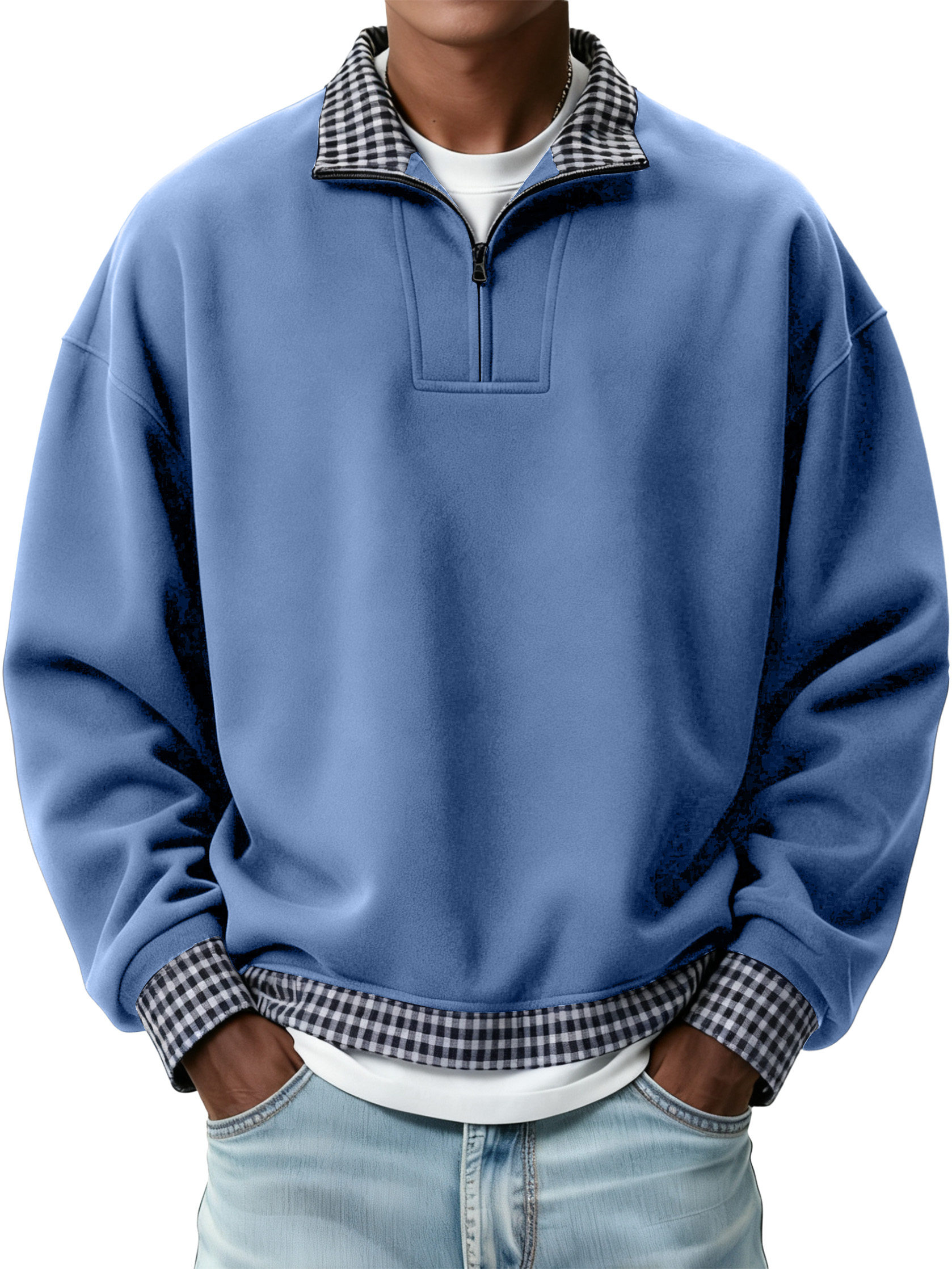 Men's Retro Casual Plaid Patchwork Quarter Zip Sweatshirt