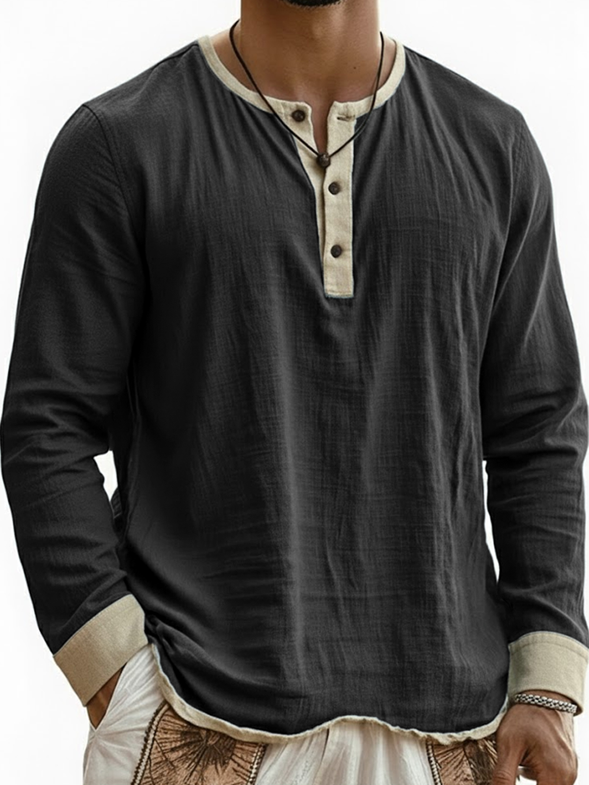 Men's Breathable Linen Wrinkled Textured Color-blocked Henley Long-sleeved Top