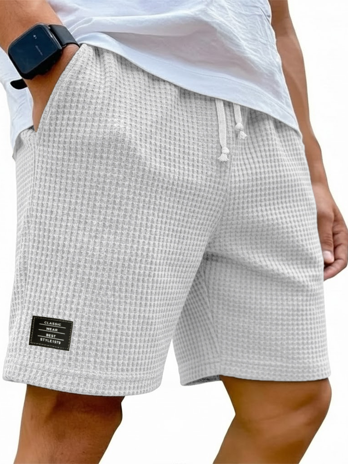 Men's Simple Waffle Texture Drawstring Embroidered Label Shorts