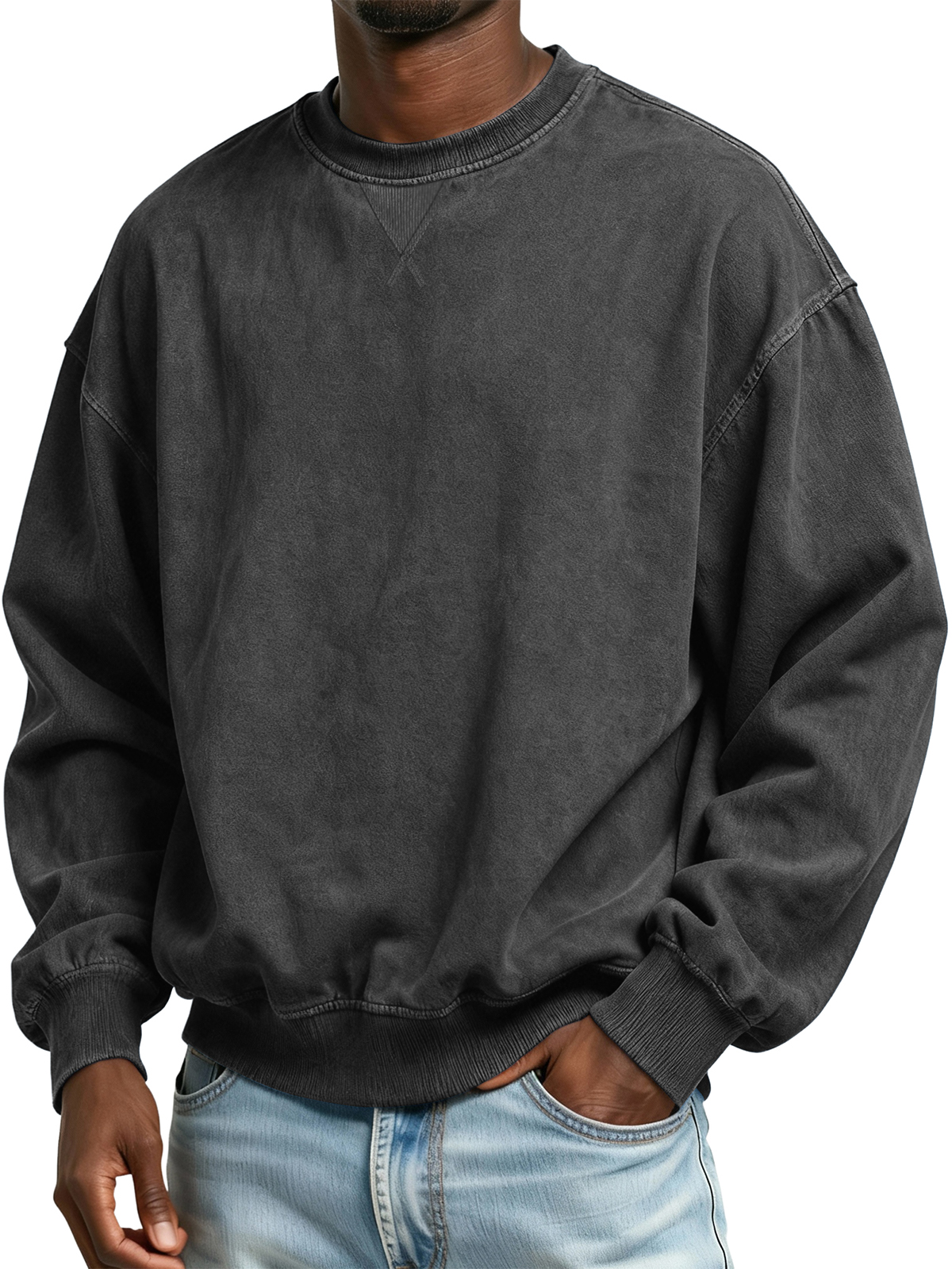 Men's 100% Cotton Retro Casual Washed Distressed Crew Neck Long Sleeve Sweatshirt