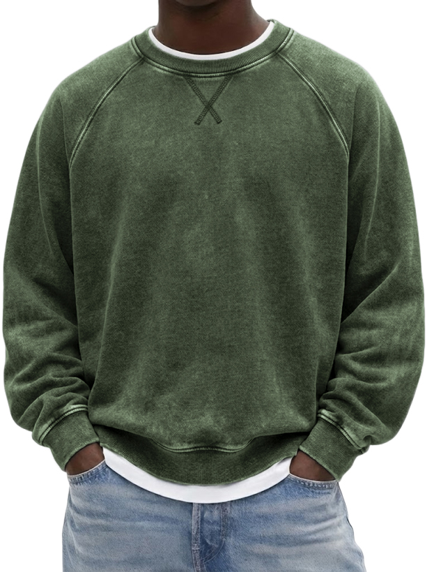 Men's Vintage Heavyweight Terry Cotton Washed Raglan Crewneck Sweatshirt with Embroidered Patchwork