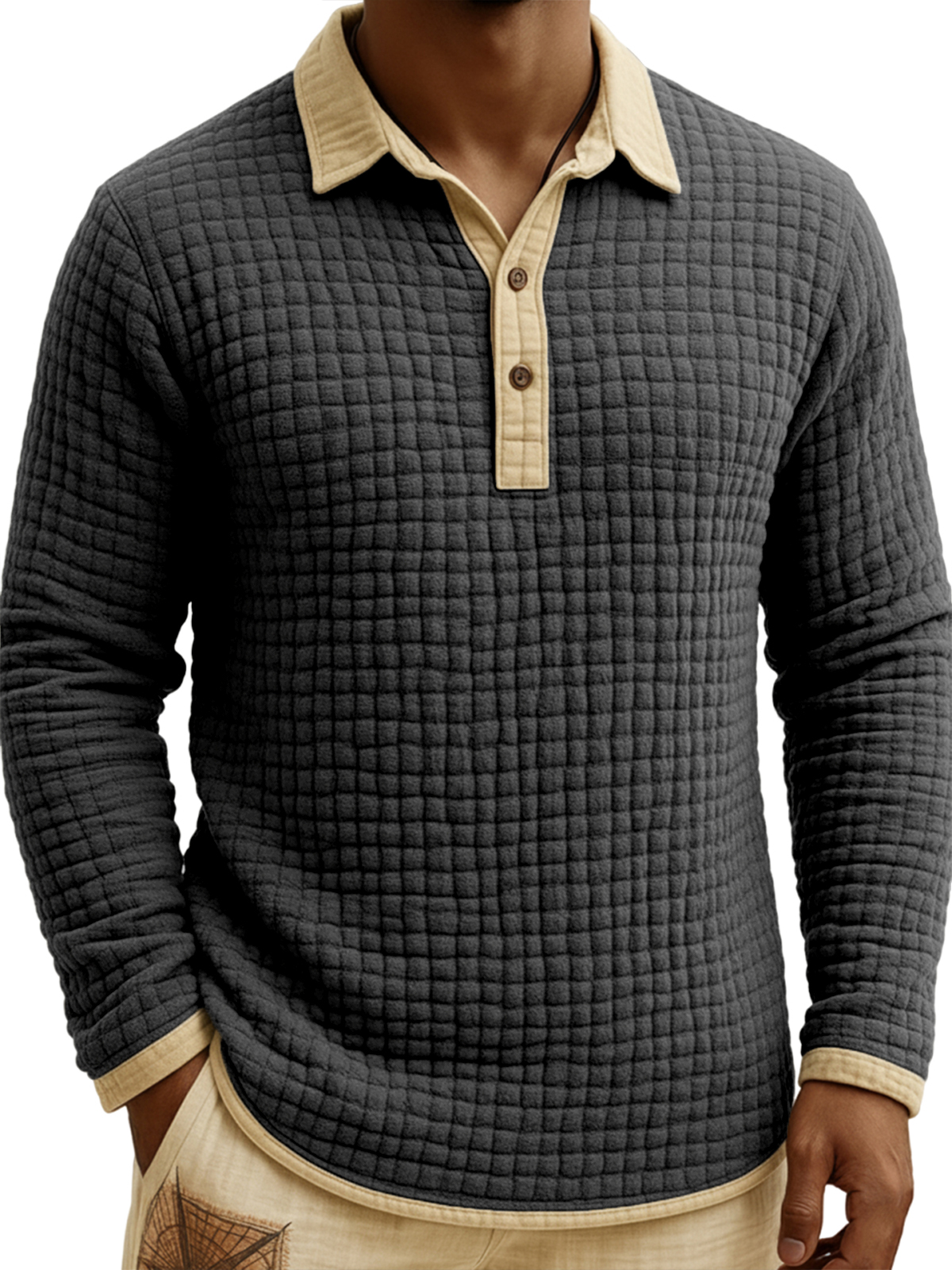 Men's Jacquard Quilted Waffle Contrast Color Pullover Button-down Polo Shirt