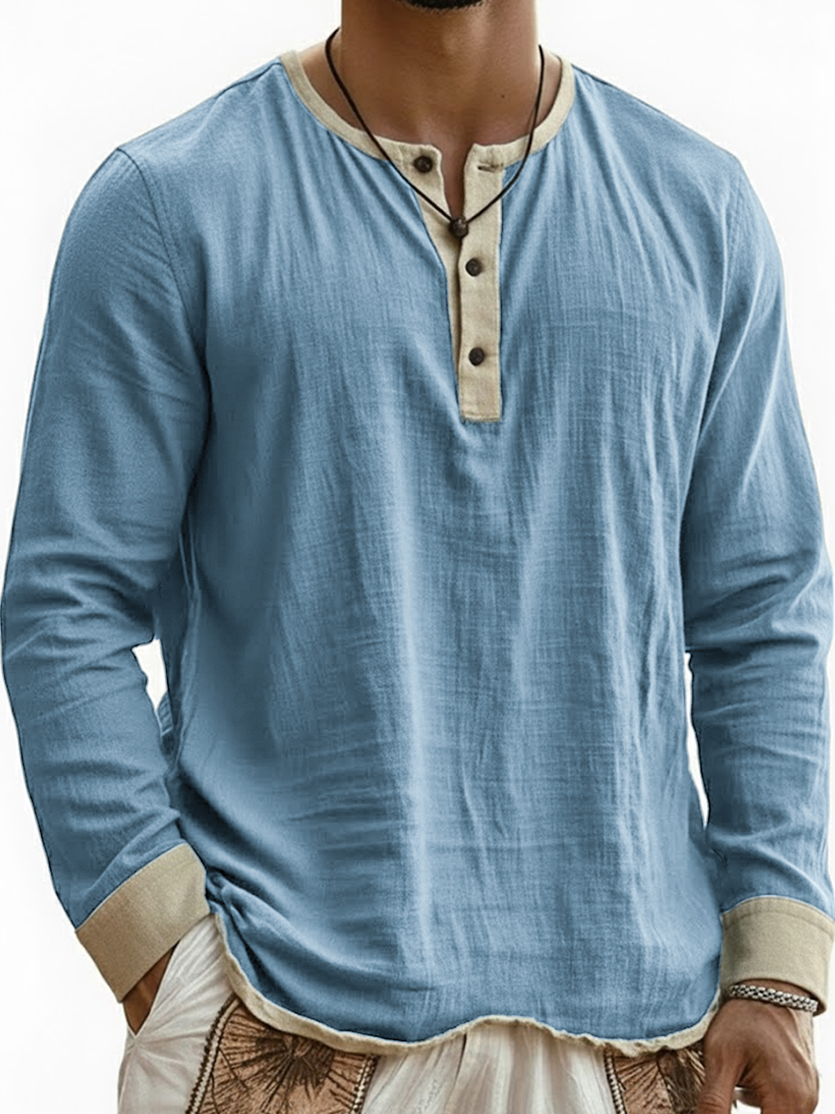 Men's Breathable Linen Wrinkled Textured Color-blocked Henley Long-sleeved Top