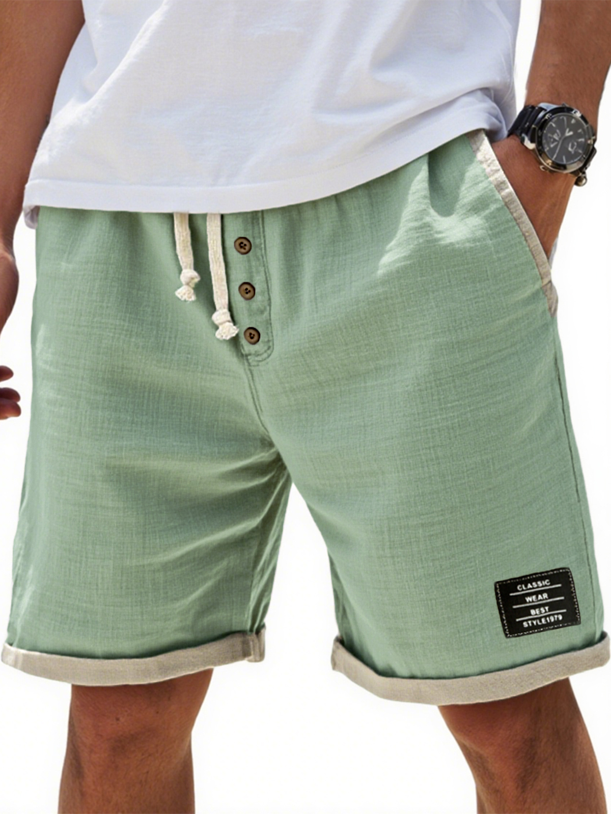 Men's Breathable Linen Colorblock Casual Embroidered Label and Button Placket Shorts
