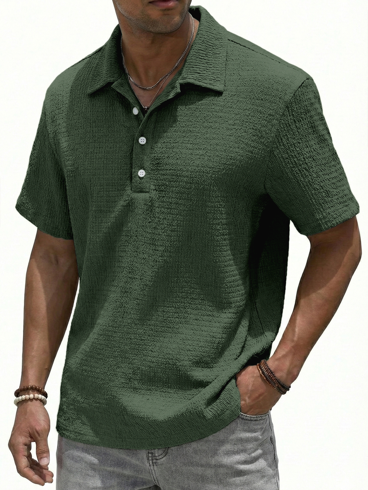 Jacquard Textured Button-down Polo Shirt