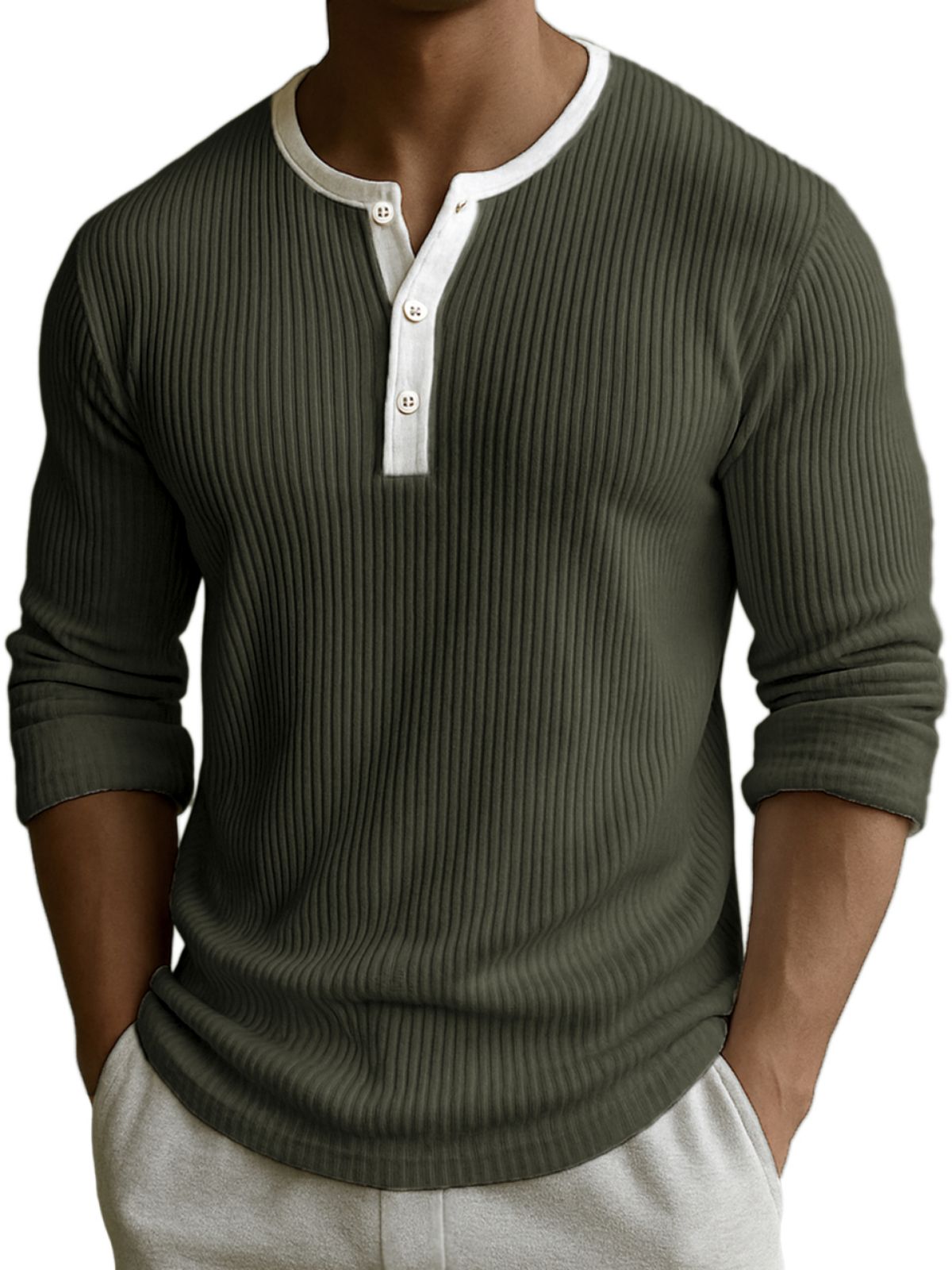 Men's Comfort Ribbed Texture Color-block Fittness Stylish Daily Henley Shirt