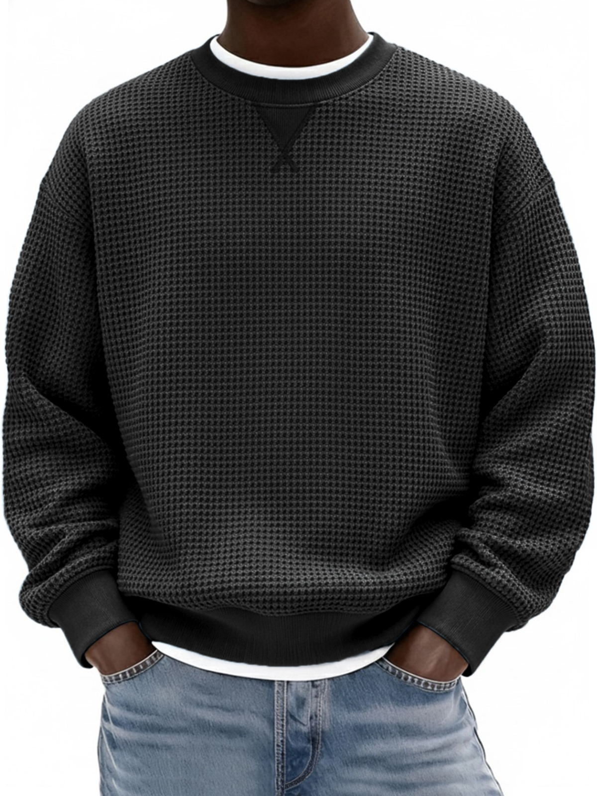 Men's Waffle Texture X-stitch Crew Neck Pullover Sweatshirt