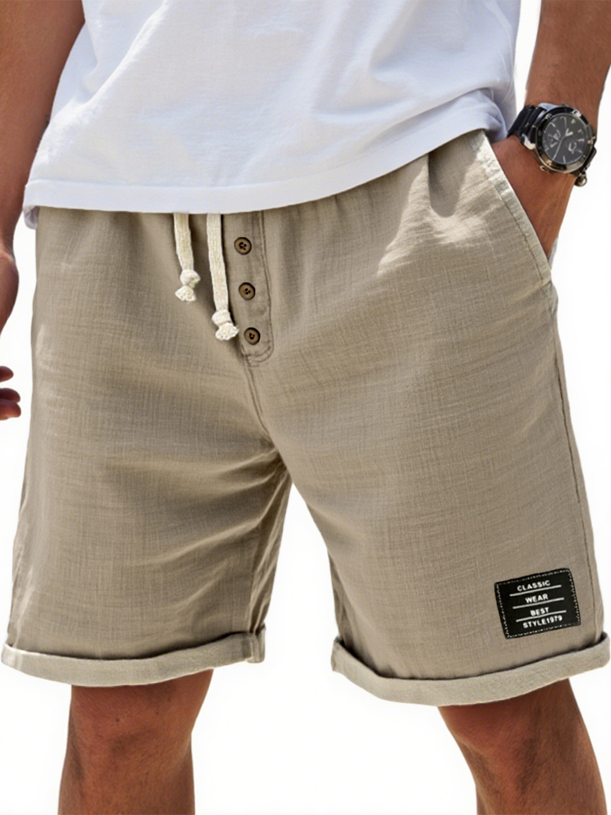 Men's Breathable Linen Colorblock Casual Embroidered Label and Button Placket Shorts