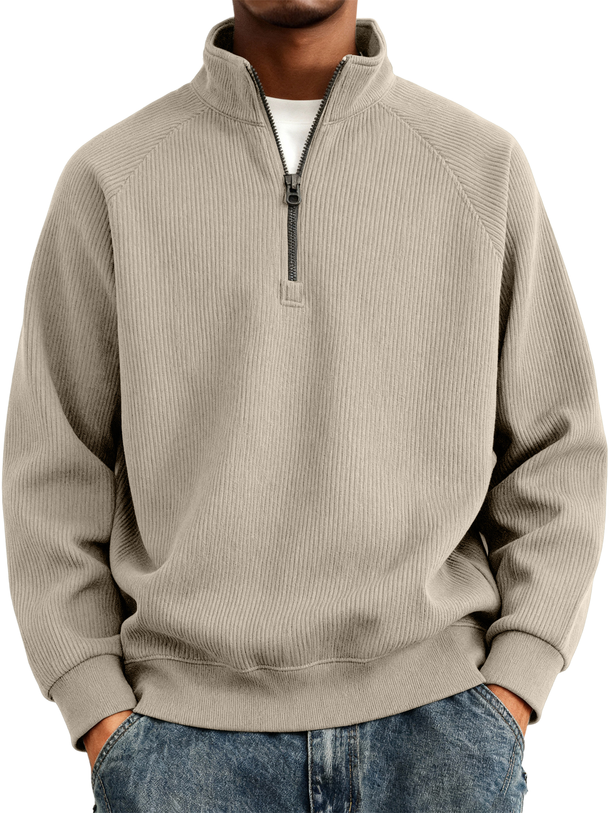Men's Simple Casual Ribbed Stand Collar Zipper Raglan Sleeve Sweatshirt