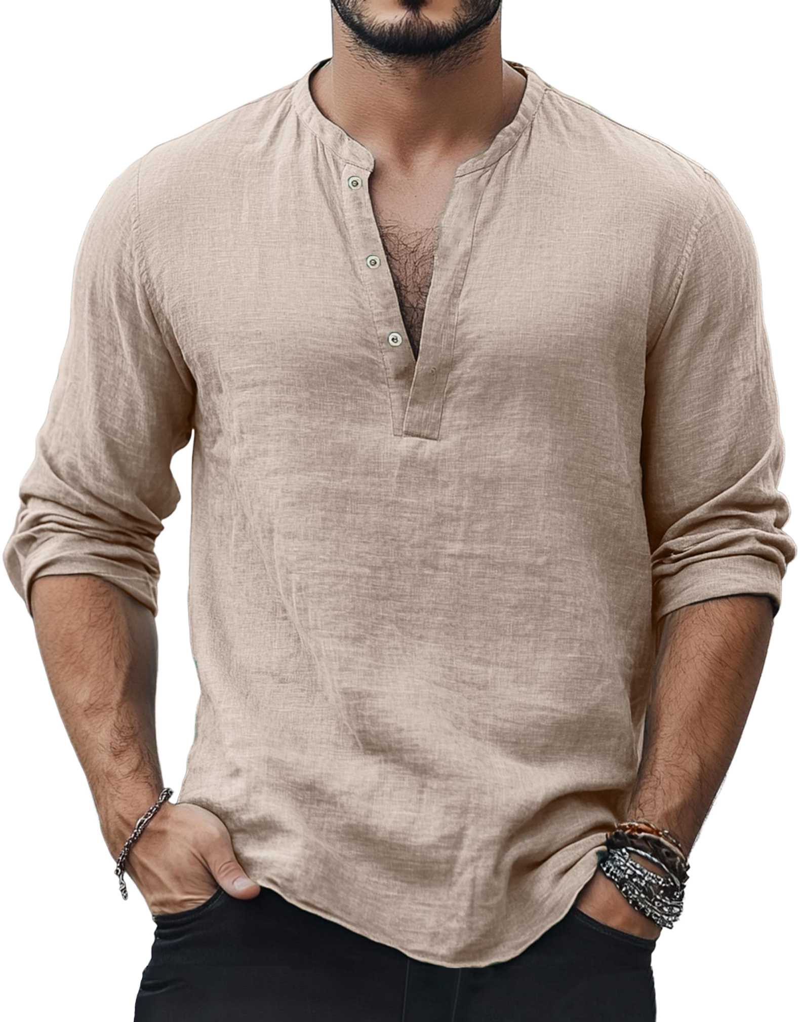 Men's Casual Fashion Basic Casual Henley Collar Cotton And Linen Long-sleeved Top