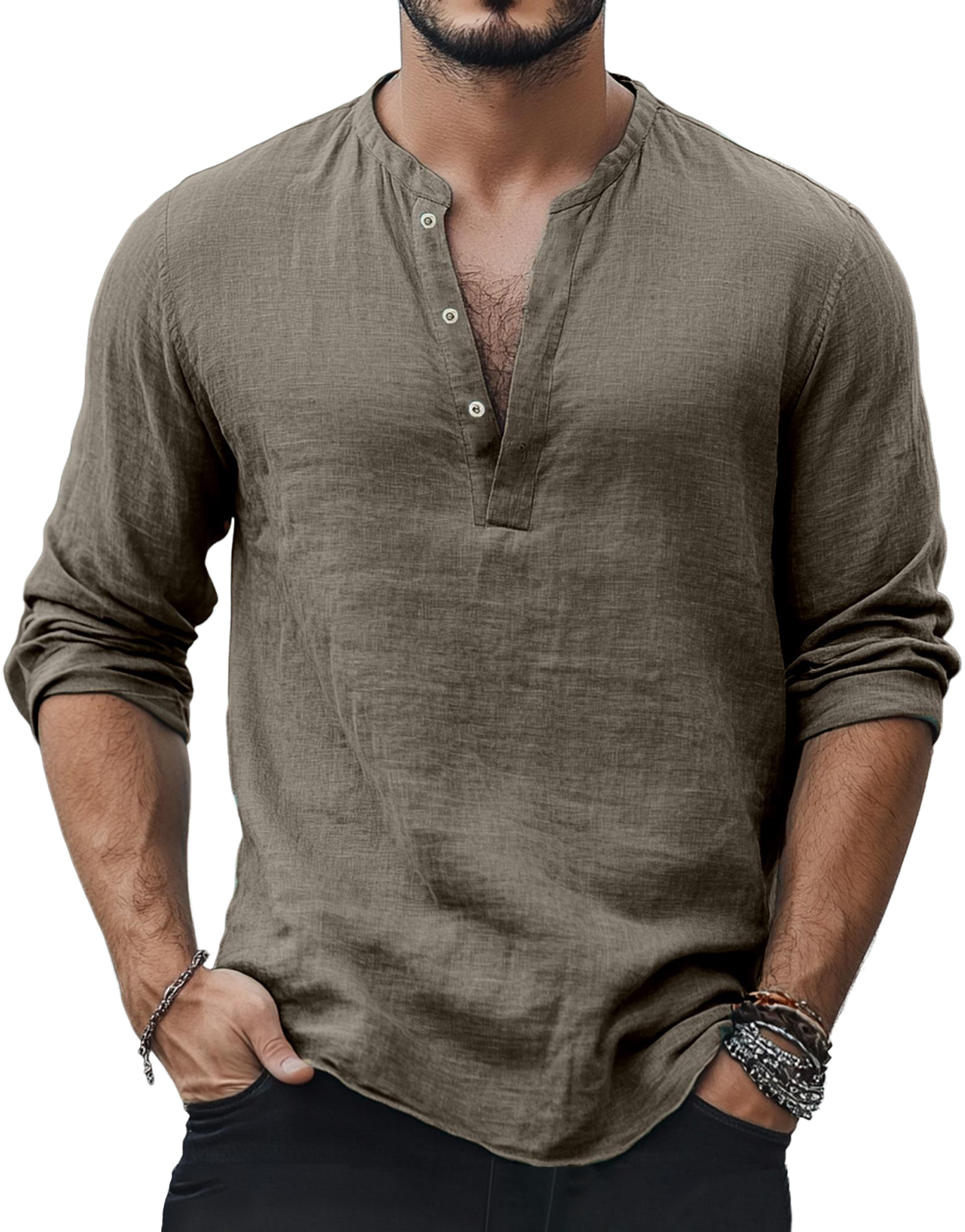Men's Casual Fashion Basic Casual Henley Collar Cotton And Linen Long-sleeved Top