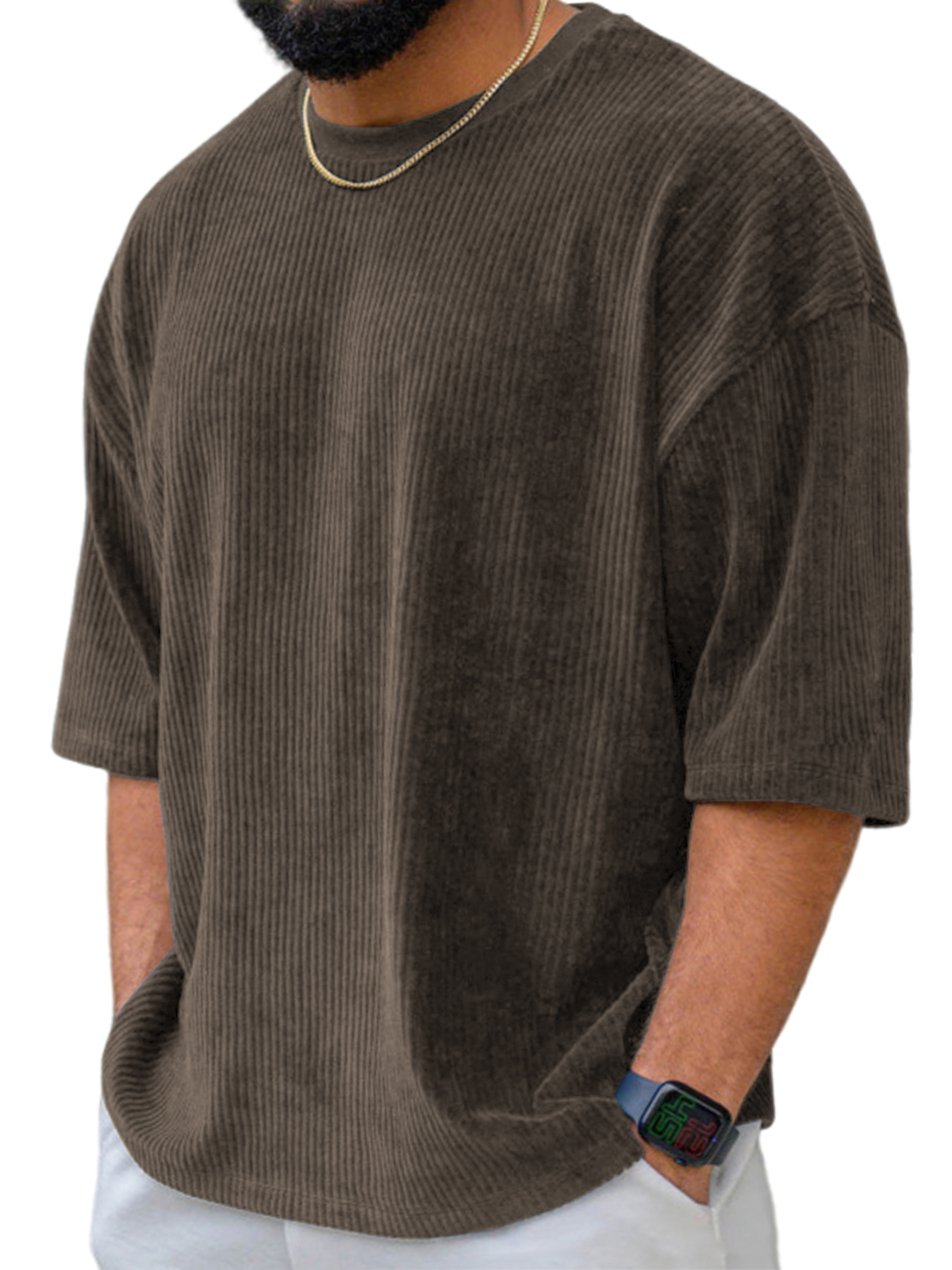 Men's Stylish Corduroy Casual Short-sleeve T-shirt with Thick Wales for Daily Wear