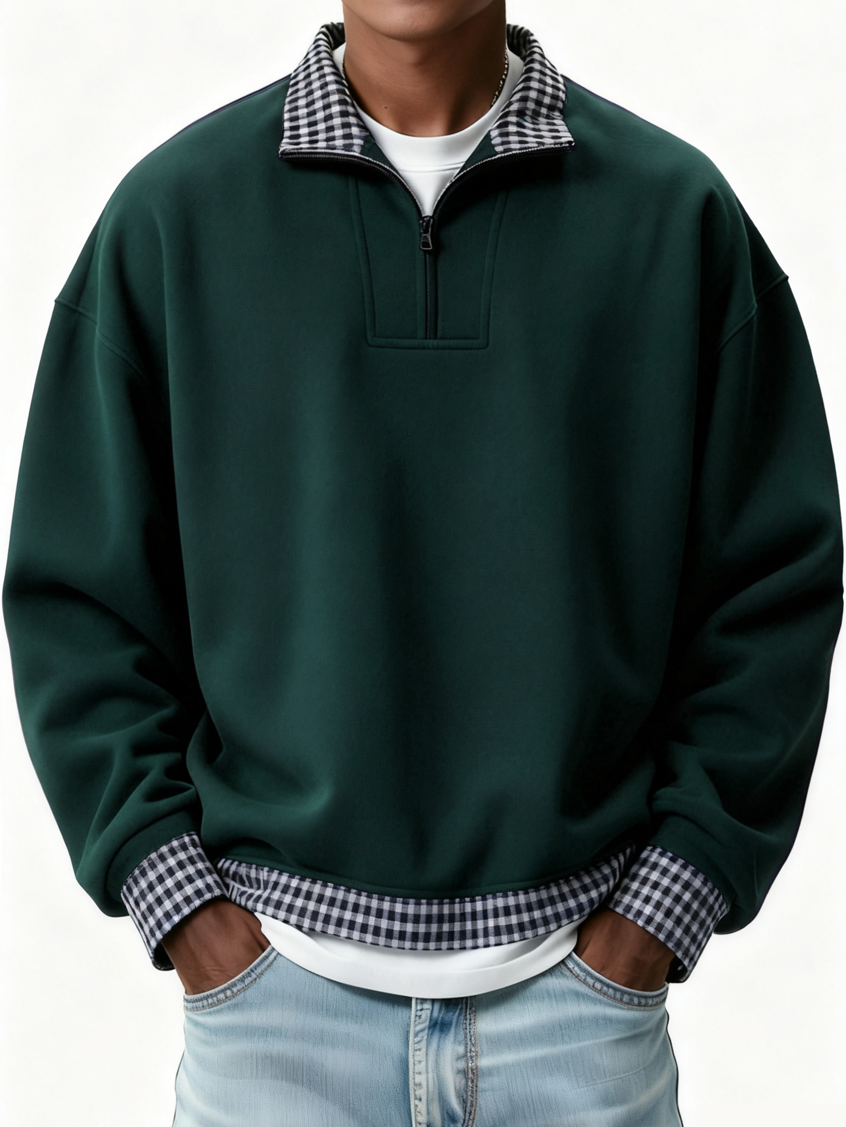 Men's Retro Casual Plaid Patchwork Quarter Zip Sweatshirt