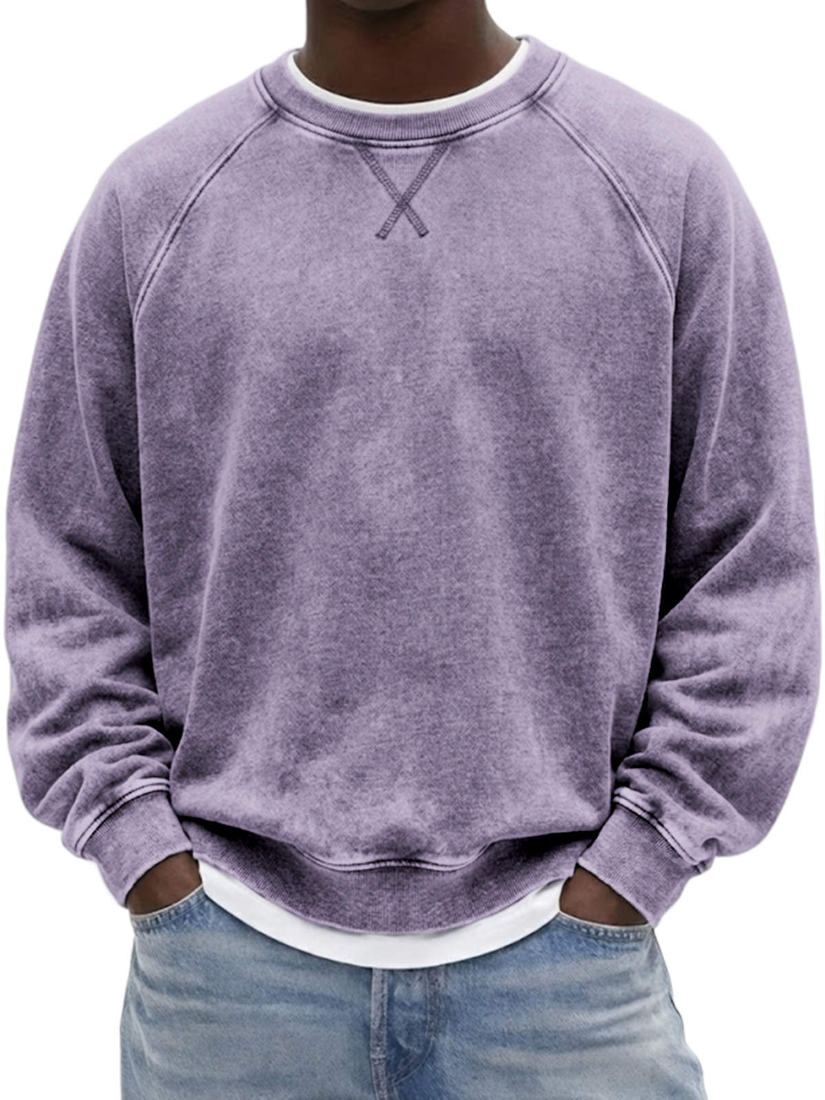 Men's Vintage Heavyweight Terry Cotton Washed Raglan Crewneck Sweatshirt with Embroidered Patchwork