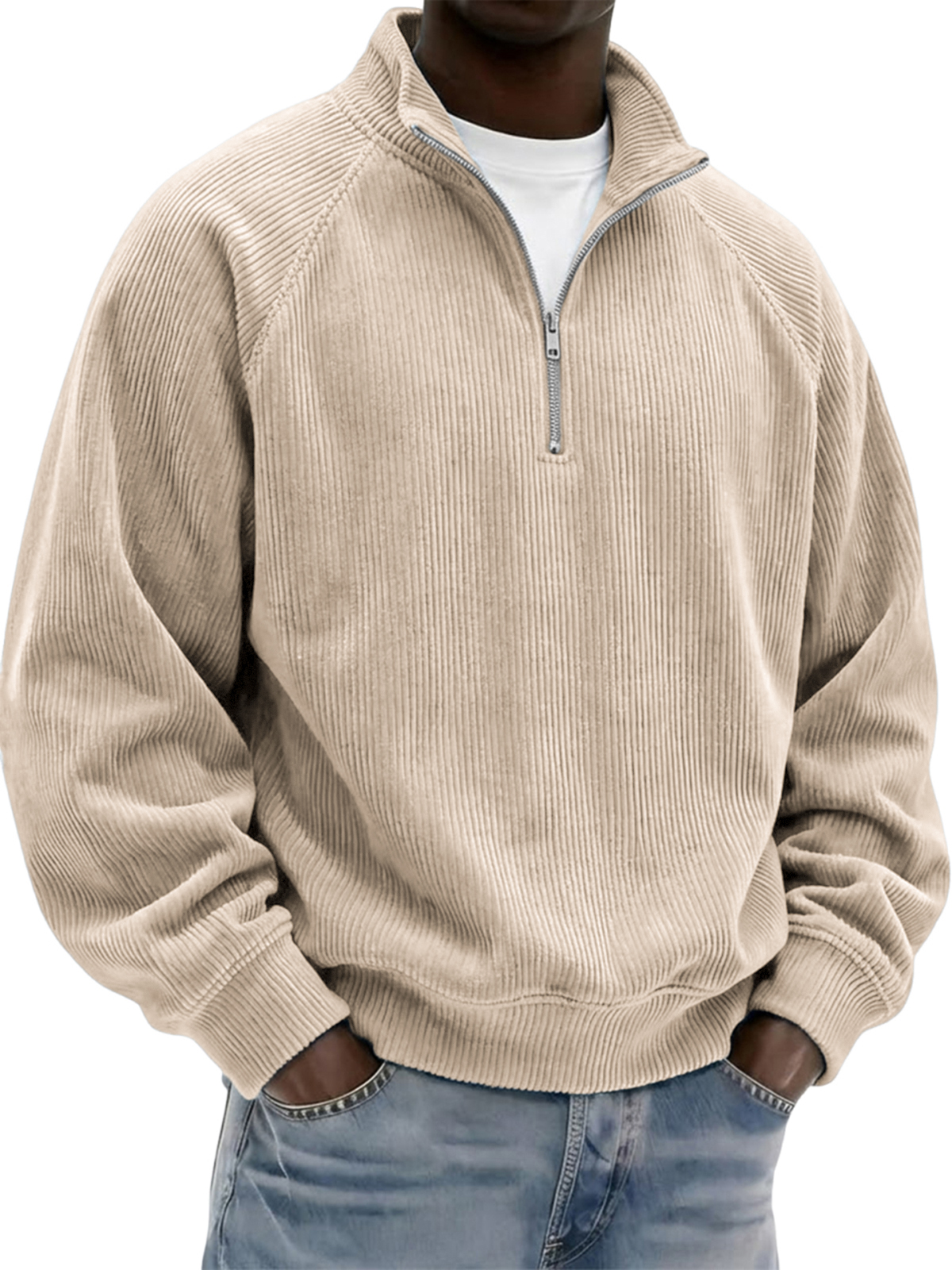 Men's Stylish Vintage Corduroy Quarter-zip Raglan Sleeve Pullover Polo Shirt