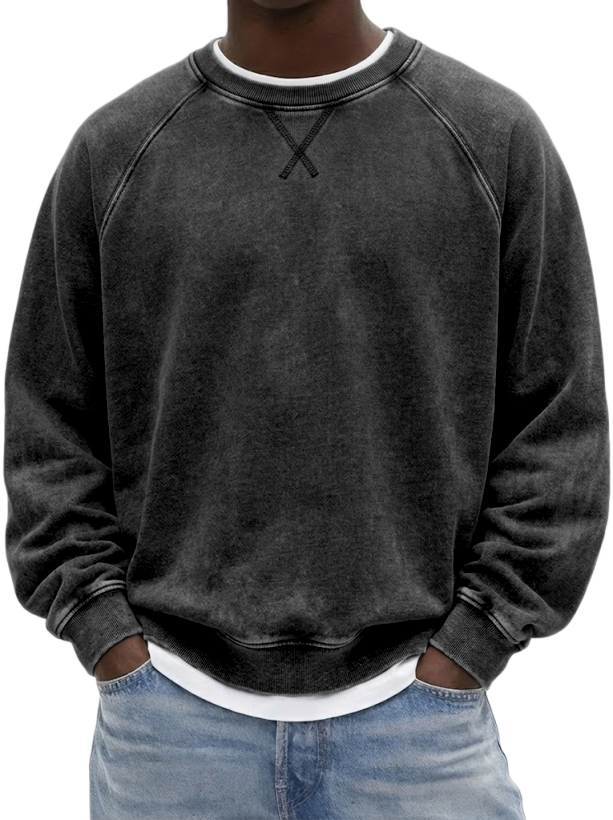 Men's Vintage Heavyweight Terry Cotton Washed Raglan Crewneck Sweatshirt with Embroidered Patchwork