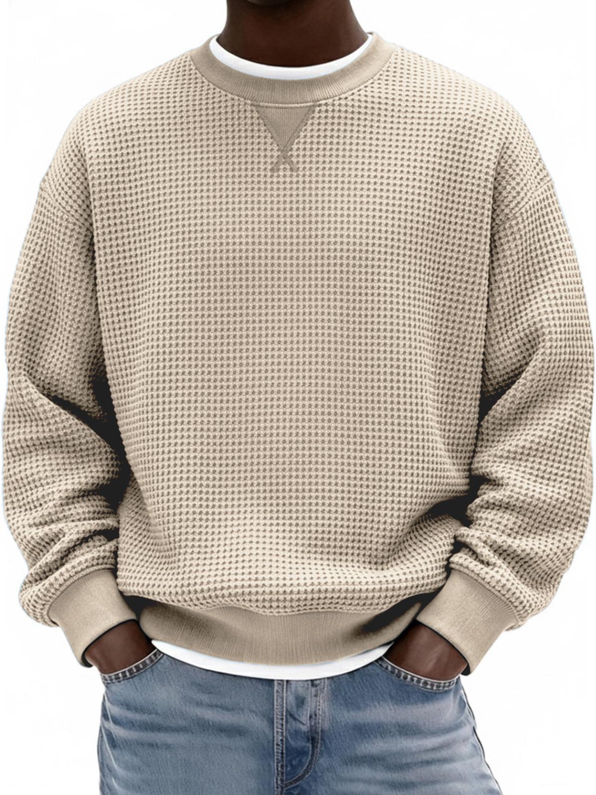 Men's Waffle Texture X-stitch Crew Neck Pullover Sweatshirt