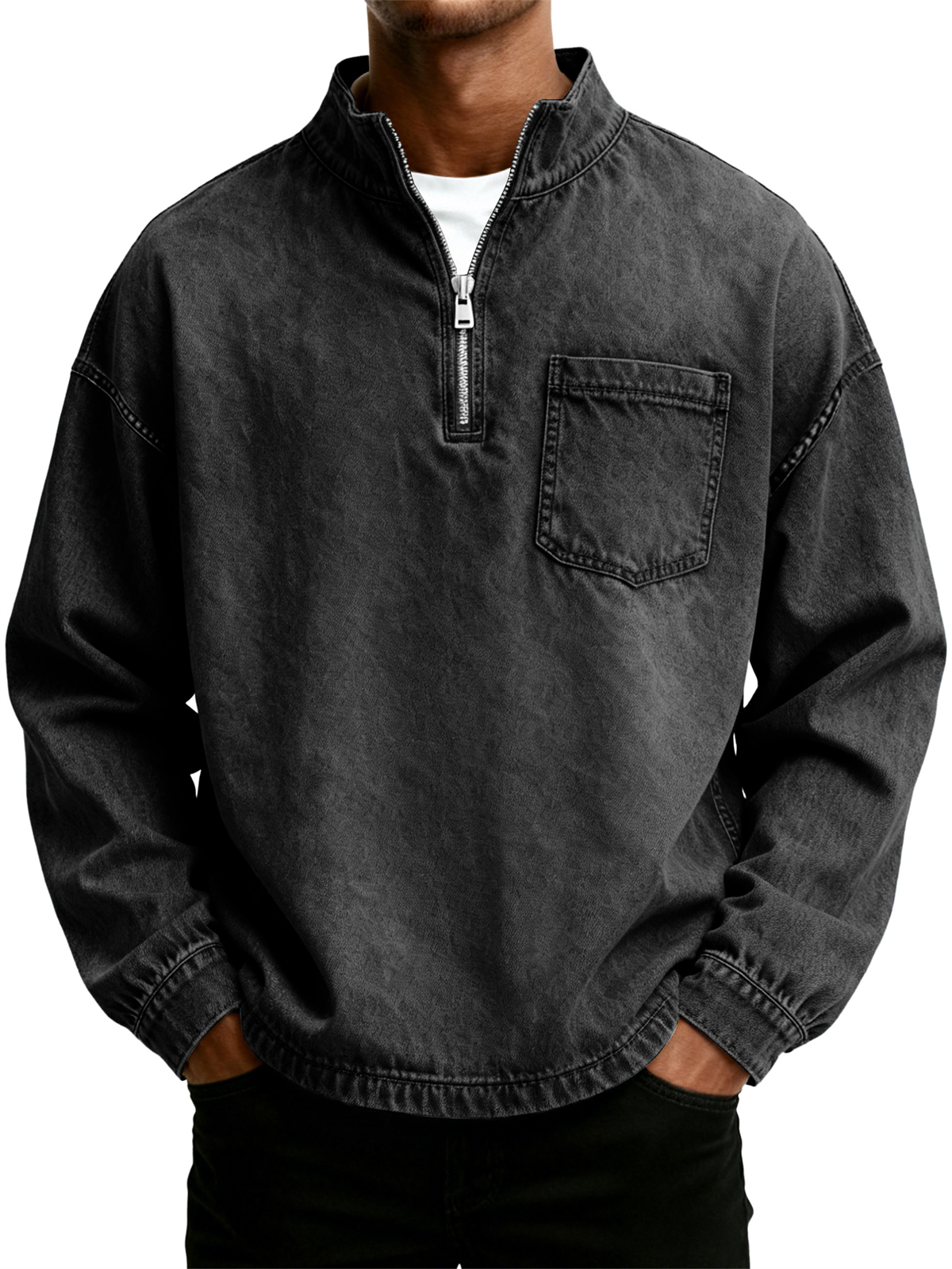 Men's Retro Washed Distressed Stand Collar Half Zipper Pocket Long Sleeve T-Shirt